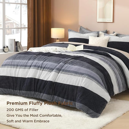 Litanika Fluffy Fleece Twin Comforter Set, Luxury Soft Plush Fuzzy Dark Grey Stripe Bedding Comforter Sets, Warm Shaggy Faux Fur Bed Set All Season (1 Comforter, 1 Pillowcase)