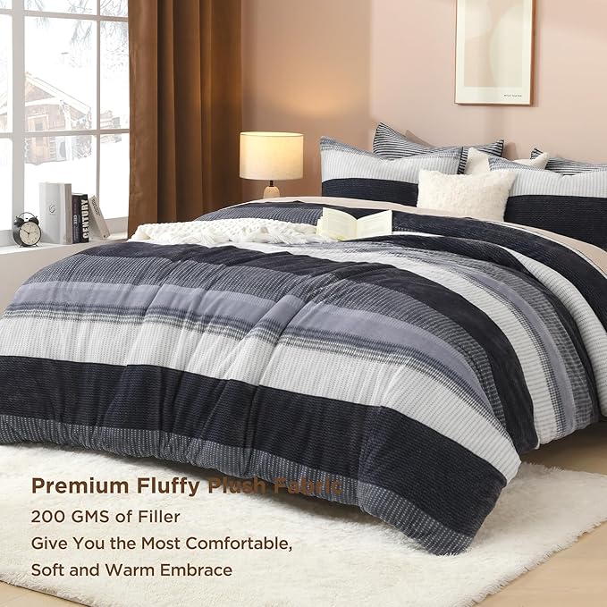 Litanika Fluffy Fleece King Size Comforter Set, Luxury Soft Plush Fuzzy Dark Grey Stripe Bedding Comforter Sets, Warm Shaggy Faux Fur Bed Set All Season (1 Comforter, 2 Pillowcases)