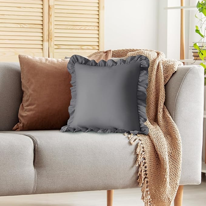 KKJIAF Ruffle Pillow Cases 24x24 Inches, Grey Square Ruffled Pillow Covers Set of 2, Microfiber Wrinkle Resistant Pillow Shams with Envelope Closure for Sofa Bed Living Room