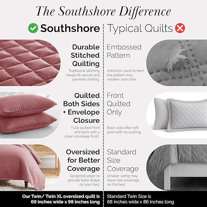 Southshore Fine Living, Inc. Twin XL Quilt Set with Pillow Sham, Quilted Twin Bedspread, Coverlet, Oversized Bed Quilt for Full Coverage, Soft and Comfy, Easy Care, Machine Washable, Marsala