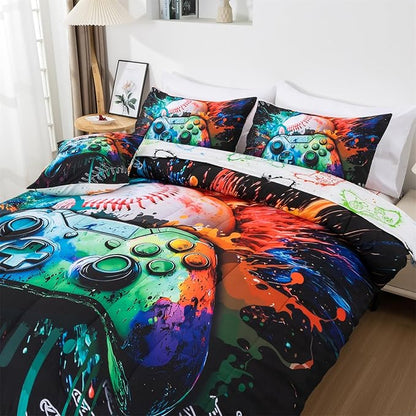 Aimuan Gamer Gaming Bedding Sets 3D Gamepad Comforter Sets for Boys Games Console Action Buttons Novelty Colorful Game Controller Modern Room Decor Home Quilt Set (Green, Full 6Pcs)