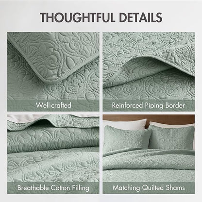 Madison Park Quebec King Size Quilt Bedding Set - Seafoam , Damask – 3 Piece Bedding Quilt Coverlets – Ultra Soft Microfiber Bed Quilts Quilted Coverlet