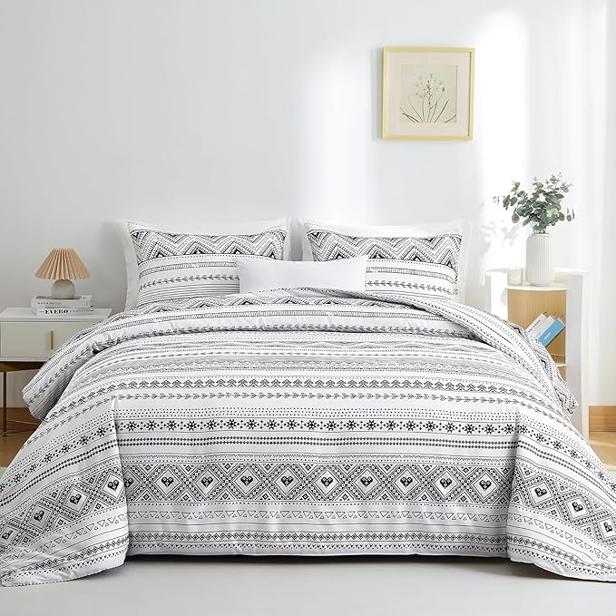 BOLINLIVING Comforter Set Queen Size, Boho Bed in a Bag 3 Pieces, Queen Soft Bohomian Comforter Set, Lightweight Breathable for All Seasons,1 Comforter & 2 Pillowcases (Grey 90×90 inch)