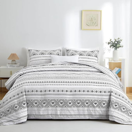 BOLINLIVING Comforter Set Queen Size, Boho Bed in a Bag 3 Pieces, Queen Soft Bohomian Comforter Set, Lightweight Breathable for All Seasons,1 Comforter & 2 Pillowcases (Grey 90×90 inch)
