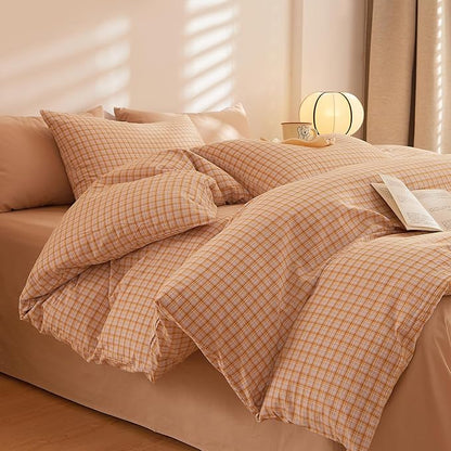 Plaid Queen Comforter Sets Washed Cotton Boho Bedding Set Down Alternative Cozy Fluffy Aesthetic Bedding Comforter Sets Soft All Season Farmhouse Comfy Bed Comforter with 2 Pillowcases