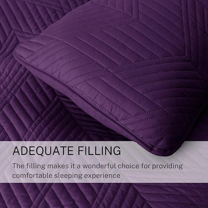 Exclusivo Mezcla Ultrasonic King Quilt Bedding Set, Lightweight Deep Purple Bedspreads Soft Modern Geometric Coverlet Set for All Seasons (1 Quilt and 2 Pillow Shams)