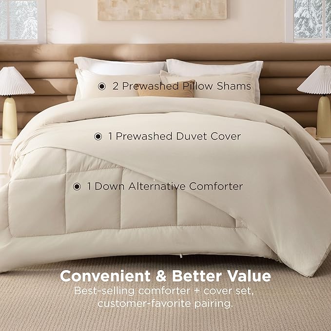 Bedsure Removable Cover with Comforter Duvet Insert Full - 4 Pieces Beige Prewashed Soft Bedding Set for All Seasons Use, Includes 1 Duvet Cover, 1 Comforter, 2 Pillow Shams
