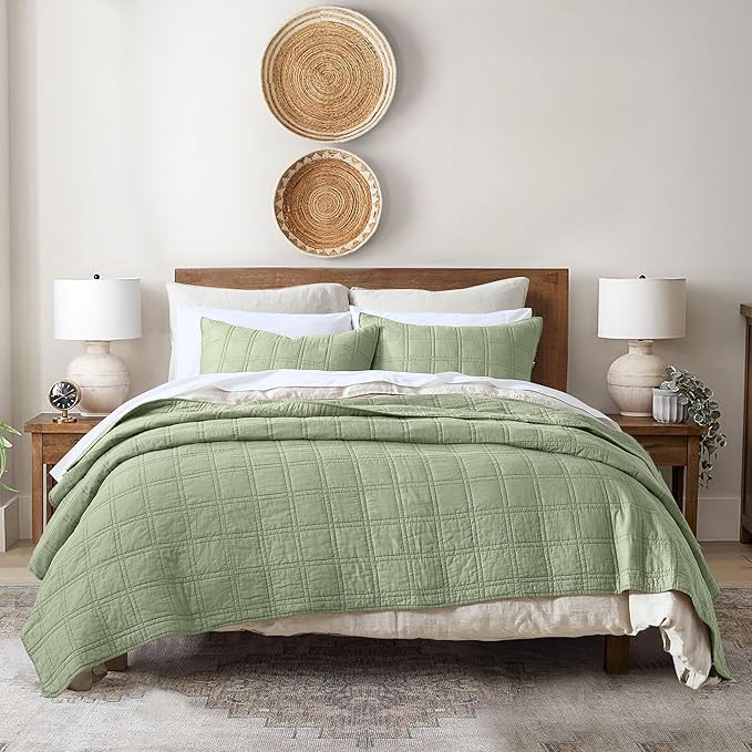 HORIMOTE HOME 100% Cotton Quilt Set Twin Size, Sage Green Pre-Washed Bedspreads Coverlet Set in Geometric Pattern, Cozy Lightweight Stitching Decorative Bedding Cover with 1 Sham for All Season