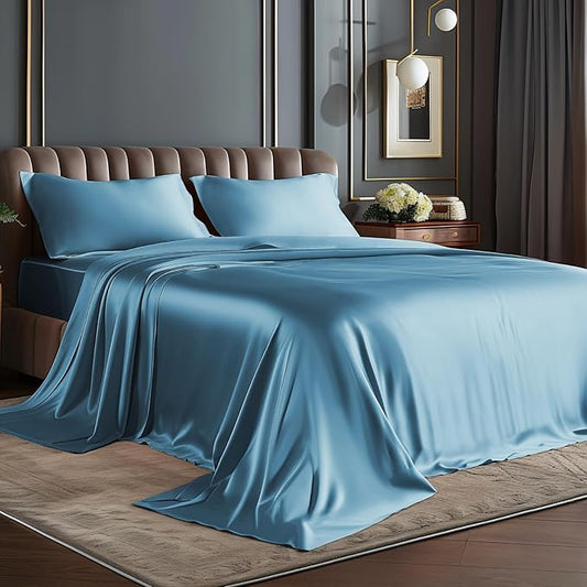 BEDELITE Satin Sheets Twin Size Bed Set, Luxury Soft Airy Blue Silky Sheets for Hair and Skin, Similar to Silk Bed Sheets Set 3 Pieces with 1 Deep Pocket Fitted Sheet, 1 Flat Sheet, and 1 Pillowcase