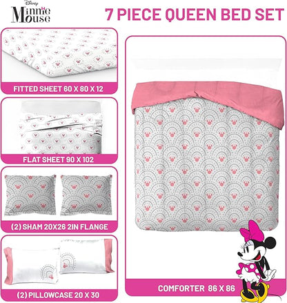 Jay Franco Disney Minnie Mouse Queen Comforter Set - 7 Piece Bedding Includes Sheet Set & Pillow Covers - Super Soft Cozy Pink Mandala Bedding