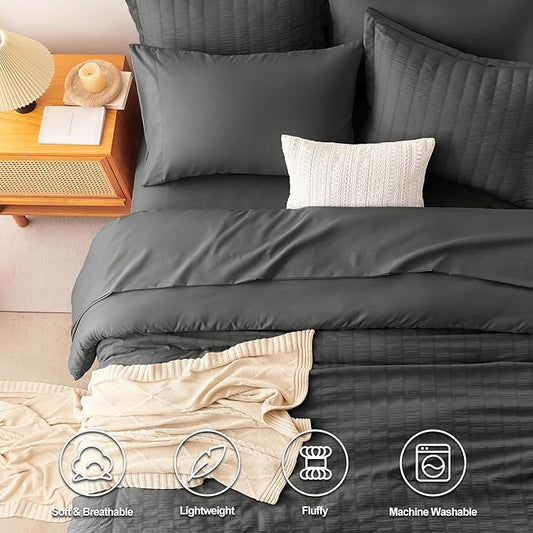 CozyLux Queen Comforter Set Dark Grey Seersucker 7 Pieces Bed in a Bag Queen Comforter Set with Sheets, Dark Gray Luxury Soft Bedding Set with Down Alternative Comforter, Sheets, Pillowcases & Shams