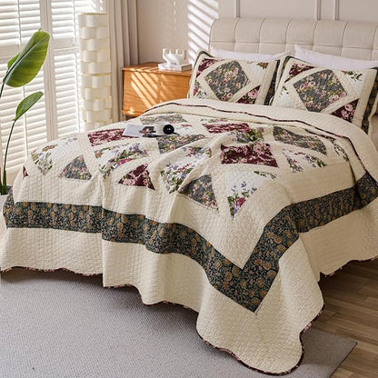 Cmfshape Floral Quilt Sets Bedspread Set 100% Cotton Patchwork Bedding Set,All Season Use Lightweight Reversible Coverlet Quilts with 2 Pillow Shams(Queen 92"x96")