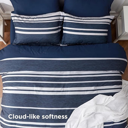 Bedsure King Comforter Set 7 Pieces, Blue Striped Bedding Set for All Seasons, Reversible, Cationic Dyeing Bed in a Bag with Comforter, Sheets, Pillowcases & Shams
