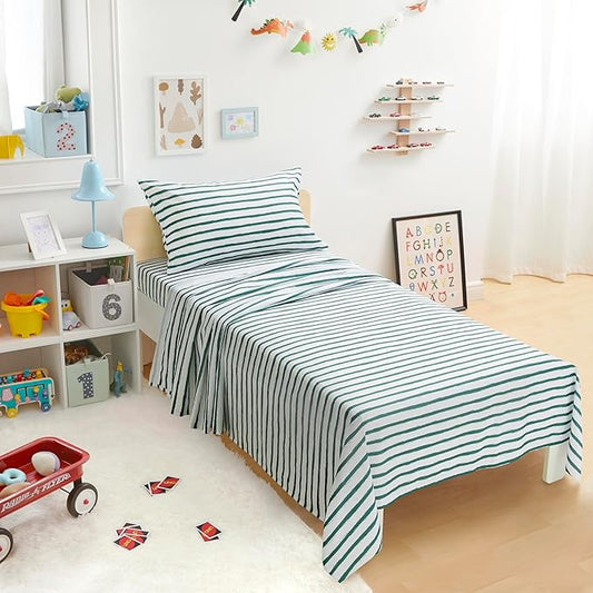 Amazon Basics Kid's Soft Easy-Wash Lightweight Microfiber 3-Piece Sheet Set, Twin, Green Stripes