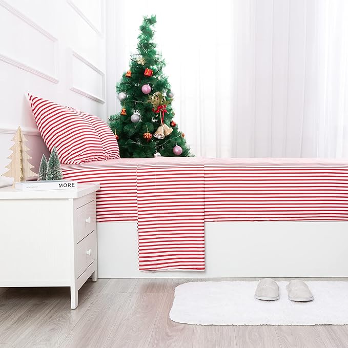 Best Season Ticking Stripe Sheet Set,3 Piece Twin Size Microfiber Bedding,Burgundy Red and White Pinstripe Patterned,Deep Pocket