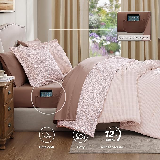 Queen Comforter Set - 7 Pieces Pink Gauze Muslin Bedding Sets for All Seasons, Lightweight Breathable Bed in a Bag Queen with Revesible Farmhouse Comforter, Sheets, Pillowcases & Shams