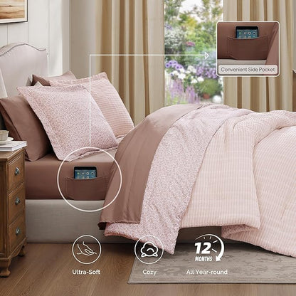 King Comforter Set - 7 Pieces Pink Gauze Muslin Bedding Sets for All Seasons, Lightweight Breathable Bed in a Bag King with Revesible Farmhouse Comforter, Sheets, Pillowcases & Shams