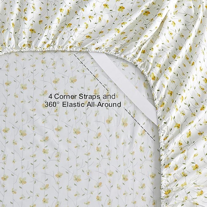 Softan Yellow Floral Twin Size Sheet Set, 3-Piece Microfiber Fitted Bed Sheet with 15" Deep Pockets & Non-Slip Straps, Kids Girls Flower Patterned Bed Sheet & Pillowcase Set