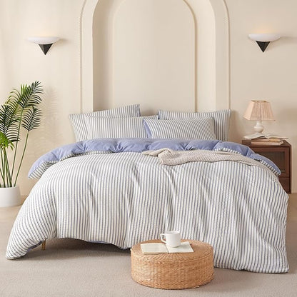 Striped Comforter Queen Blue Soft Luxury Washed Microfiber Jacquard 3 Pieces Bedding, White Blue Vertical Ticking Stripes Pattern Comforter with 2 Pillowcases Breathable Durable Comfy
