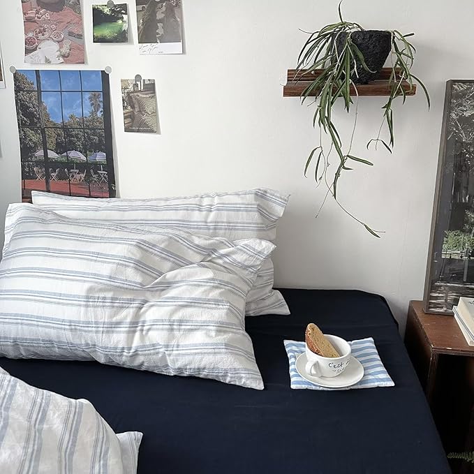 MKXI Twin XL Size Duvet Cover Set - 100% Washed Cotton Blue & White Striped Bedding, Soft & Breathable 3-Piece Set with Zipper Closure & Corner Ties, Modern Coastal Vintage Style