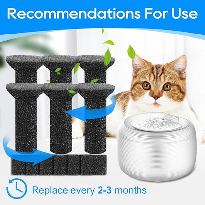 6+6 Pack Lite Fountain Replacement Foam Filters and Sponge Mufflers | 6 Sets Cat Water Fountain Filters Compatible with Lite 2.5L/84oz Cat Water Fountain Foam Pet Water Filters Replacment for Pet