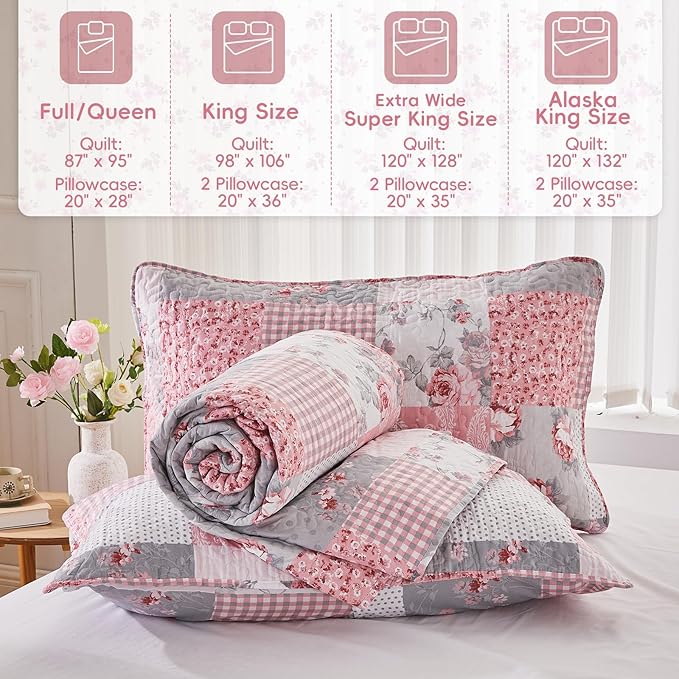 Oversized Alaska King Size Quilt Set Pink Grey Floral Plaid Patchwork Quilt 132x120 Extra Wide Super Reversible Quilted Bedspread Coverlet 3-Piece Comforter Bedding Set Bed Cover with 2 Pillow Shams | Oversized King Quilt, Alaska King Quilt, Pink Patch...