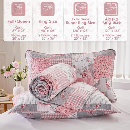 Oversized King Size Pink Grey Floral Quilt Set 128x120 Plaid Patchwork Extra Wide Super King Size Comforter Rversible Quilted Bedspread Coverlet Set 3-Piece Bedding Set Bed Cover with 2 Pillow Shams | Oversized King Quilt, Pink Plaid Quilt Set, 128x120...