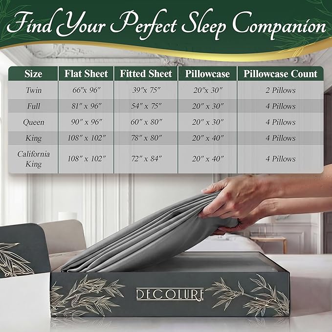 DECOLURE 100% Viscose Derived from Bamboo Sheets Full Size - Luxury 6 Pc Naturally Cooling Sheets, Ultra Soft Bed Set - Deep 17" Pockets, Durable Double Stitching, Oeko Tex Standard (Light Grey)