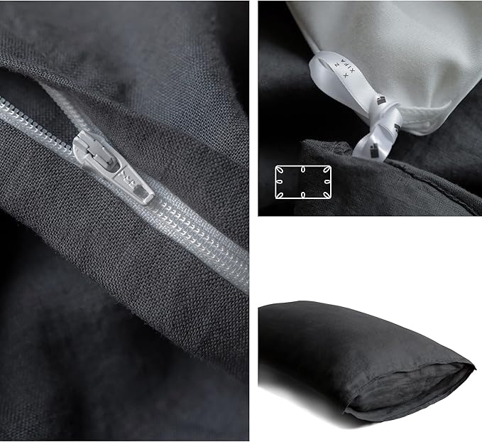 XZ XIFA 100% Linen Bedding Set: Cooling & Breathable King Size Duvet Cover in Dark Grey. Made from Natural Washed French Flax for a Soft, Textured Feel. Complete with 1 Cover and 2 Pillowcases
