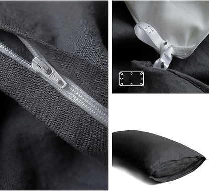 XZ XIFA 100% Linen Bedding Set: Cooling & Breathable King Size Duvet Cover in Dark Grey. Made from Natural Washed French Flax for a Soft, Textured Feel. Complete with 1 Cover and 2 Pillowcases