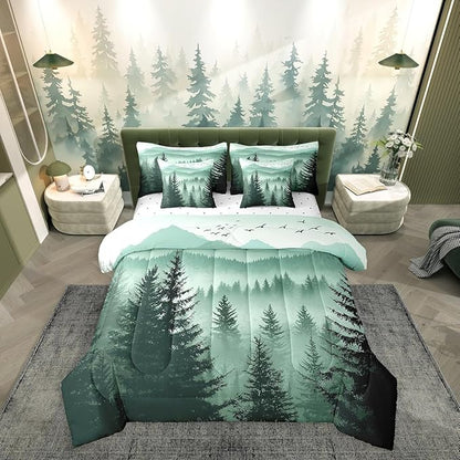 Erosebridal Olive Green Twin Comforter Set with Sheets 7 Piece Mountain Pine Tree Forest Bed in A Bag Rustic Woodland Nature Landscape Bedding Sets for Kids Adults,Soft Lightweight Bed Set