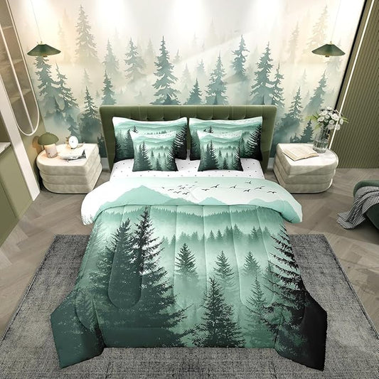 Erosebridal Olive Green Twin Comforter Set with Sheets 7 Piece Mountain Pine Tree Forest Bed in A Bag Rustic Woodland Nature Landscape Bedding Sets for Kids Adults,Soft Lightweight Bed Set