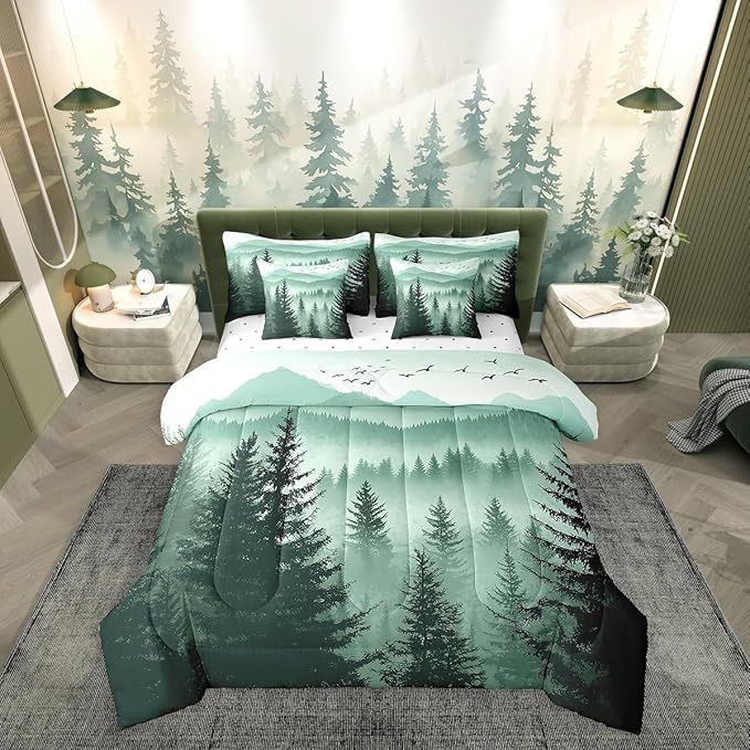 Erosebridal Olive Green King Comforter Set with Sheets 7 Piece Mountain Pine Tree Forest Bed in A Bag Rustic Woodland Nature Landscape Bedding Sets for Kids Adults,Soft Lightweight Bed Set