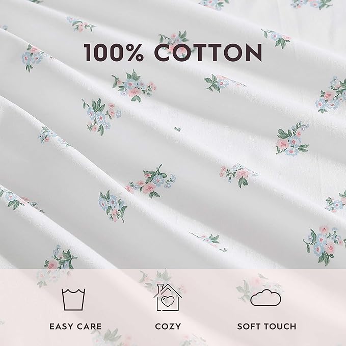Laura Ashley - Sheet Set, Breathable Percale Cotton Bedding, 200 Thread Count, Deep Pocket, Chic Home Decor (Harperette Blue, Full)