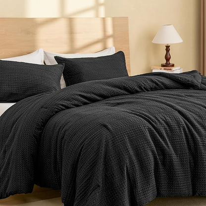 PHF Soft Waffle Comforter Set Twin Size- Comfy Breathable Waffle Weave Comforter with 1 Pillow Shams, 2 Pieces Less Snagging Lightweight Textured Bedding Set for All Season, Black