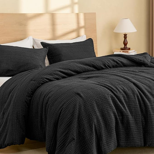 PHF Soft Waffle Comforter Set Twin Size- Comfy Breathable Waffle Weave Comforter with 1 Pillow Shams, 2 Pieces Less Snagging Lightweight Textured Bedding Set for All Season, Black