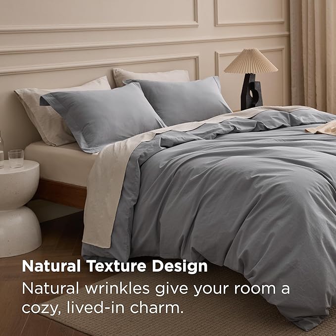 Bedsure 100% Washed Cotton Duvet Cover Queen Size - Grey Minimalist Bedding Set Linen Like - PureWoven Plain Simple & Soft Comforter Cover for All Seasons, 3 Pieces (Grey, Queen, 90"x90")
