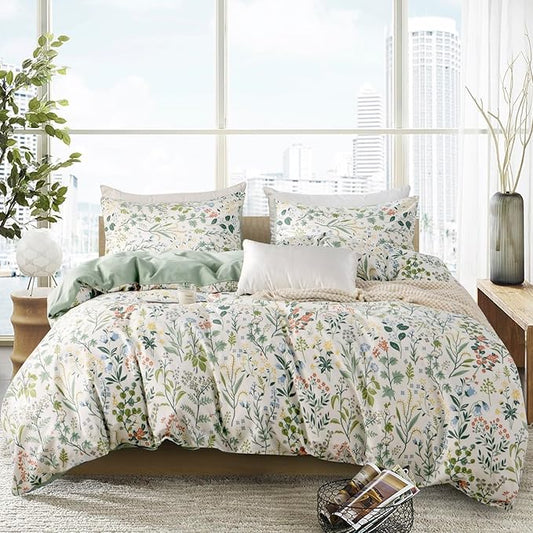 Floral Comforter Set Full Soft Bedding Comforter Set 3 Pieces Garden Style Green Red Flower Print Botanical Flowers Comforter Set for All Seasons 1 Comforter and 2 Pillowcases (Floral, Full)