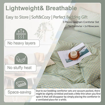 EAVD Blue Yellow Gingham Comforter Set Twin XL Soft Mini Grid Plaid Checkered Pattern Bedding Set with 2 Pillowcases Modern Farmhouse Gingham Plaid Comforter Set for All-Season