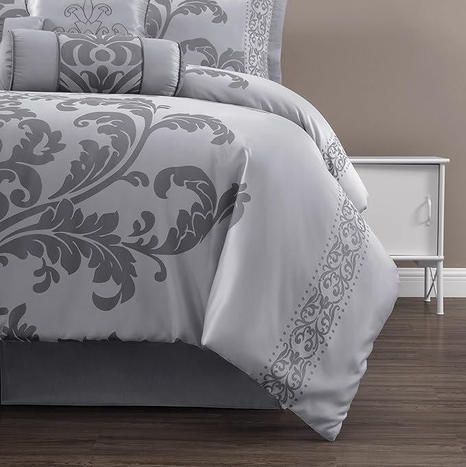 Chezmoi Collection 7-Piece Jacquard Floral Comforter Set (Queen, Silver/Gray)