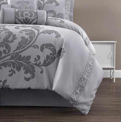 Chezmoi Collection 7-Piece Jacquard Floral Comforter Set (Queen, Silver/Gray)