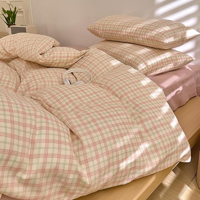 Plaid Twin Size Duvet Cover Cotton Pink Comforter Cover Twin Size Double Gauze Soft Boho Zipper Duvet Cover Set with Corner Ties Reversible Girls Bedding Set Coquette Duvet Protector