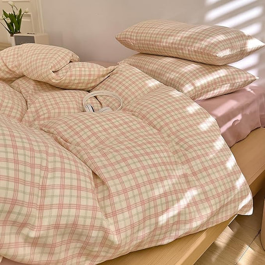 Plaid Twin Size Duvet Cover Cotton Pink Comforter Cover Twin Size Double Gauze Soft Boho Zipper Duvet Cover Set with Corner Ties Reversible Girls Bedding Set Coquette Duvet Protector