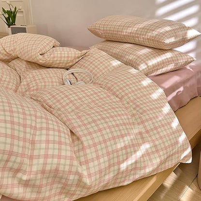 Pink Plaid Duvet Cover Gingham Bedding Set Full 100% Cotton Muslin Vintage Plaid Checkered Comforter Cover Linen Like Breathable Gauze Duvet Cover with 2 Pillowcases Farmhouse Grid Bedding Set Full
