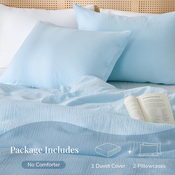 Blue Duvet Cover King, 100% Sandwashed Cotton Soft King Size Duvet Cover Set 3 Pieces with Zipper Clousre & Corner Buttons (Blue, King 104 x 90)