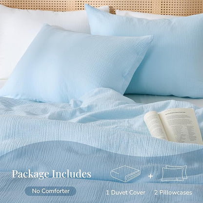 Blue Duvet Cover Queen Size, 100% Sandwashed Cotton Soft Queen Duvet Cover Set 3 Pieces with Zipper Clousre & Corner Buttons (Blue, Queen 90 x 90)