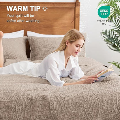 Love's cabin Oversized King Size Quilt Bedding Set Burlwood Bedspreads - Oversized King Lightweight Bedspread Comforter - Coin Pattern Coverlet for All Season - 3 Pieces (1 Quilt, 2 Pillow Shams)
