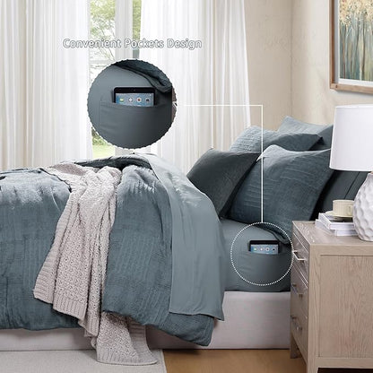 MaiRêve Full Size Comforter Sets Dusty Blue, Textured Design Crinkle Bedding Sets 7 Pieces, All Season Bed in A Bag with Comforter, Sheets, Pillowcases & Shams