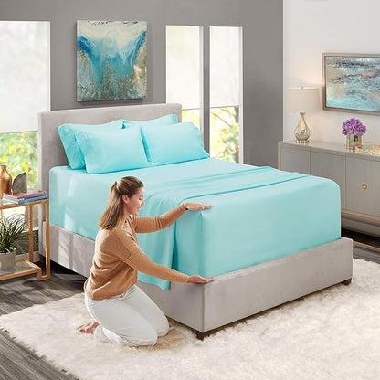 Hearth & Harbor Extra Deep Pocket Sheets - Fits Mattress 18-24 Inches Deep - Extra Deep Pocket Twin Sheets Sets - 4 Piece Twin Size - Aqua Blue