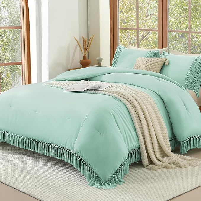 Andency Comforter Full Size Set Mint, Boho Lightweight Vintage Soft Bedding Comforter Sets, 3 Pieces Bed Set (79x90In Comforter & 2 Pillowcases)